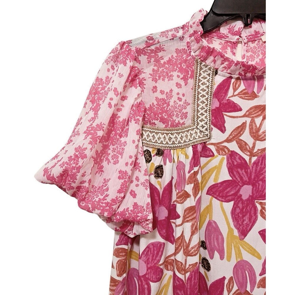 Anthropologie JODIFL Pink/White Floral Top Puff Sleeve Ruffle Collar S NWT - Picture 3 of 9